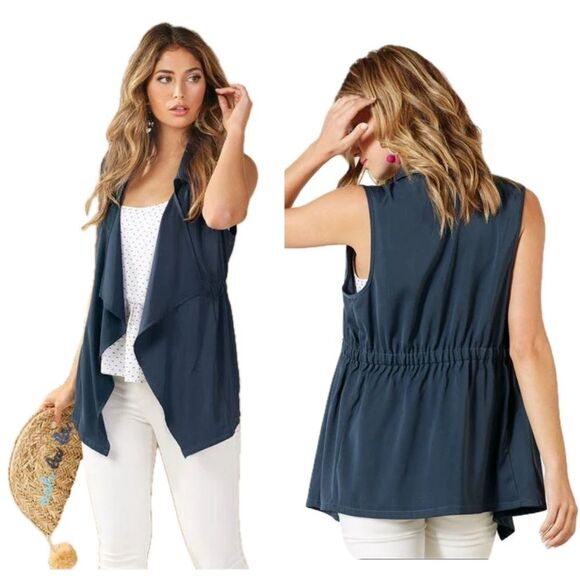 Mud Pie Raven Gray Cinched Waist Open Front Collared Vest Women’s Size S/M - Picture 1 of 7